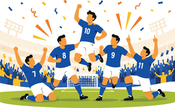 Winning soccer team celebrating with fans in stadium vector. Football players in blue uniform rejoicing after victory.