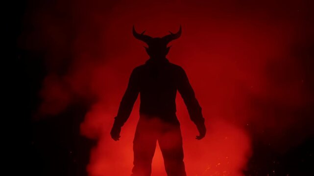 Fiery Silhouette With Horns And Smoke. Cinematic Scene Of Demon Amid Smoke And Ritual Lighting