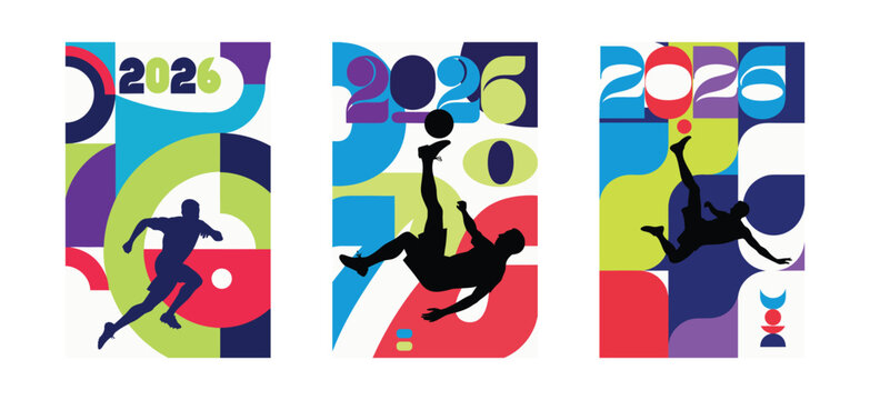 2026 Football Championship Abstract Poster Set with Player Silhouettes. Colorful Geometric Vector Illustration for Soccer Event or World Cup Tournament.