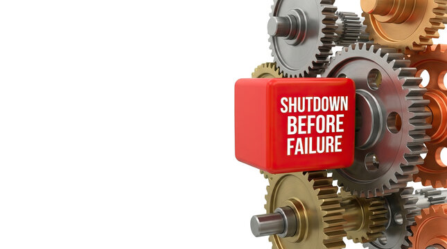 Shutdown before failure concept with red emergency stop cube and metallic gear wheels, symbolizing industrial safety and machine protection