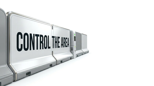 Control area text on futuristic white barrier controlling zone flow, modern security concept with clean design and bright background