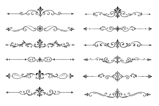 Set of vintage calligraphic dividers and flourishes isolated on white background
