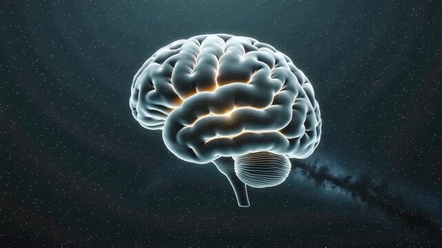 Glowing particle brain with neural network connections slowly pulsing on dark background