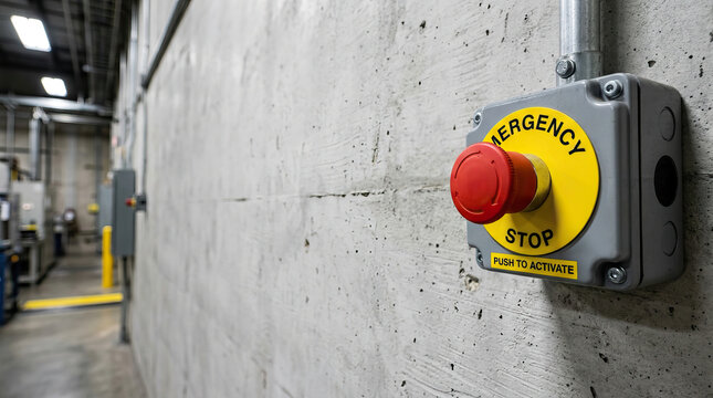 Emergency stop button with red push switch on concrete wall in industrial factory setting, angled perspective showing depth and safety feature for urgent situations