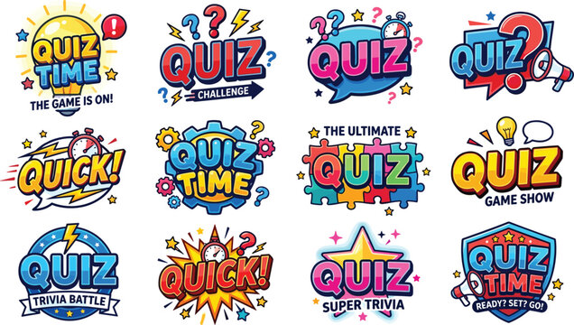 Vector illustration of colorful quiz and trivia logos representing playful competition, challenge, and entertainment themes