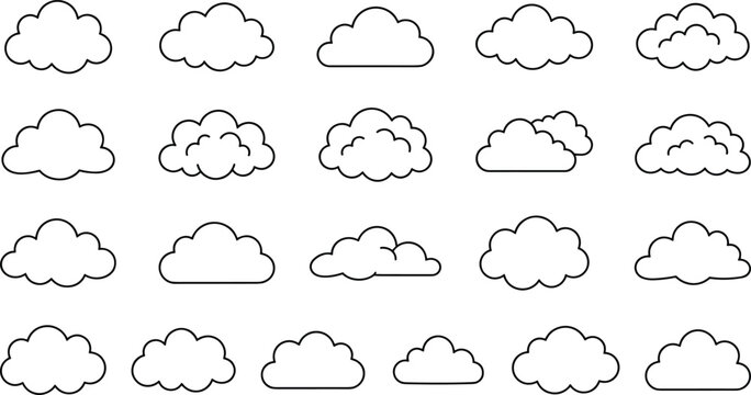 Set of minimalist cloud line art outlines representing diverse weather conditions and atmospheric sky design elements