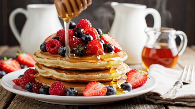 This features a stack of pancakes topped with fresh berries and drizzled with honey in a cozy breakfast setting. The pancakes are surrounded by strawberries, blueberries and raspberries, and a glass