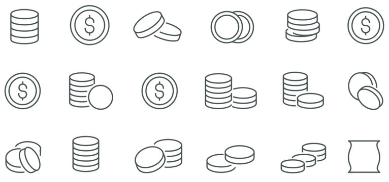 Set of line icons representing various coin stacks and individual coins with dollar symbols.