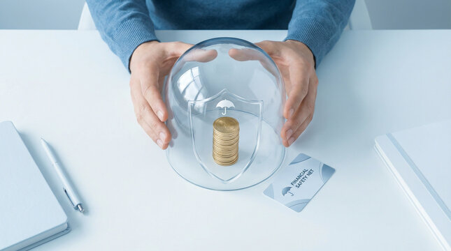 Person shielding a stack of coins with a glass safety dome