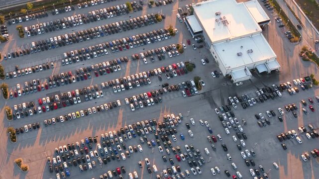 American auto dealer parking lot with new cars for sale at sunset.