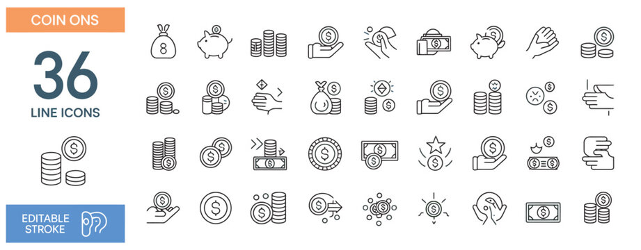 Diverse set of 36 line icons related to money, coins, savings, and financial transactions.