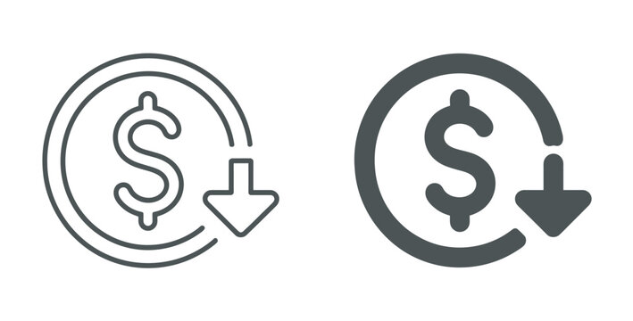 Vector dollar sign icon with a downward arrow, symbolizing cost reduction, price decrease, and financial savings.