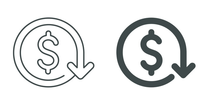 Financial return icon showing a dollar sign within a circular arrow pointing downwards, representing money back, refund, or cashback concept.