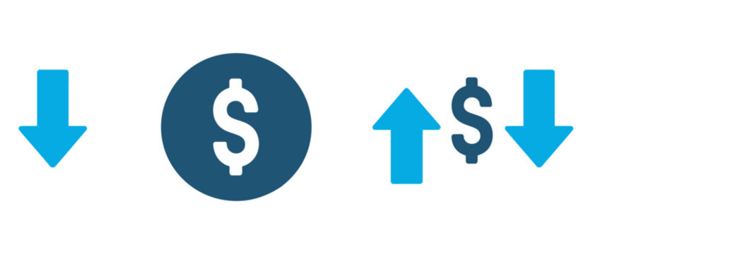 Currency value movement icons, illustrating dollar increase, decrease, and overall financial trends.
