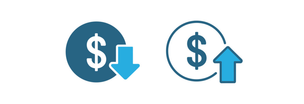 Currency value fluctuations icon, illustrating dollar increase and decrease for financial analysis.
