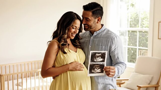 This captures a heartwarming moment of a couple expecting a baby, holding an ultrasound scan in a bright and airy nursery. The couple's joy and anticipation are palpable as they smile at each other