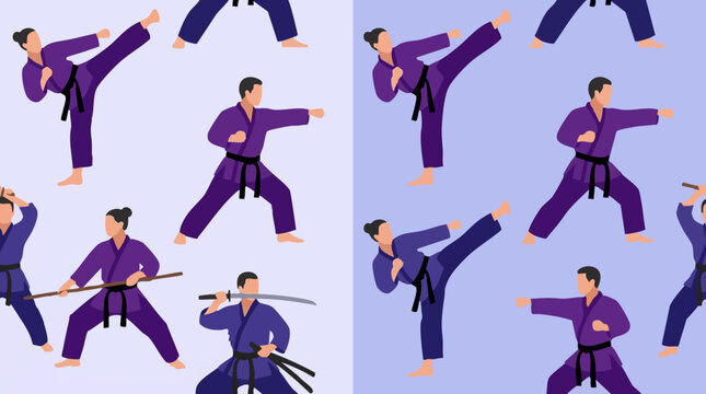 Seamless Pattern of Martial Arts Figures in Action Poses with Weapons