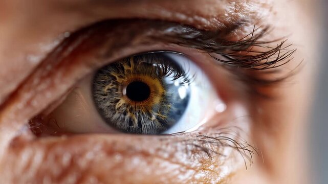 Macro view of a female elderly eye showing details of iris and skin texture taken in natural light in a close-up moment of observation