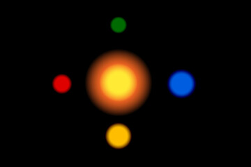 Abstract colorful glowing spheres on black background. Minimalist space planets concept with sun and orbit planets illustration. © KHAMKO