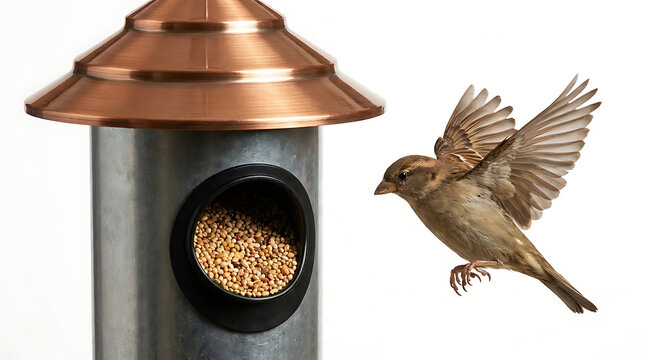 Sparrow flying towards a metal bird feeder with copper roof filled with seeds