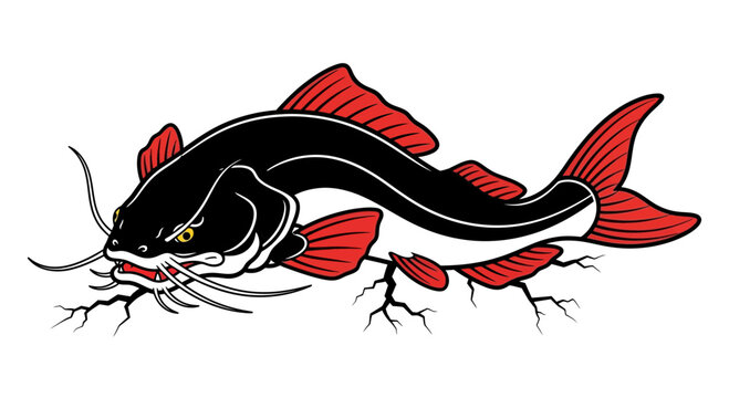 Large Black and Red Catfish Swimming.