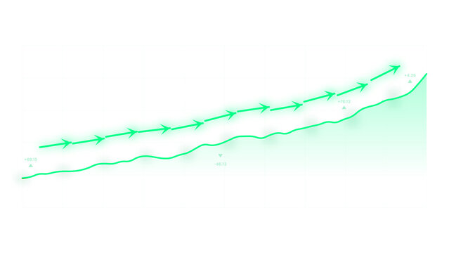 PNG image of Green financial growth chart with rising arrow, upward business trend line graph, professional economic success and market recovery illustration isolated on Transparent Background