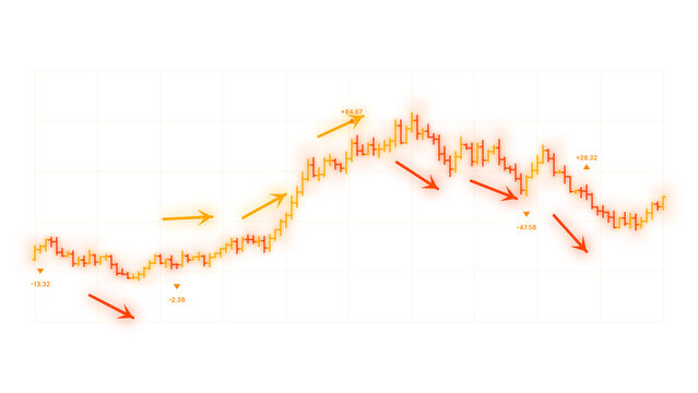 PNG image of Financial stock market candlestick chart with trend arrows, glowing orange trading data visualization, technical analysis graph for investment isolated on Transparent Background