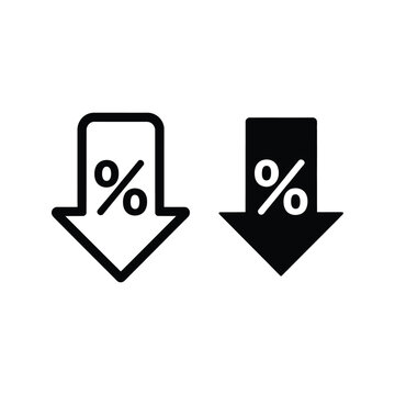 Percentage down arrow icon set for discount and decrease symbol with decrease