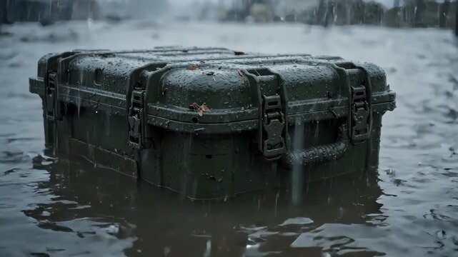 Waterproof case floats in floodwaters. Raindrops splash around it. Overcast sky looms above. Submerged, case remains intact. Streetlights stand in distance. Dark green case contrasts with white water.