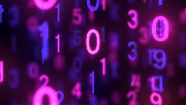 Abstract digital background with glowing neon numbers in blue and pink colors