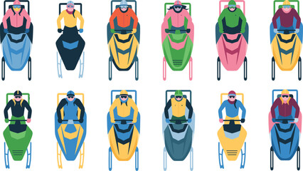 Vector illustration of colorful snowmobile riders in winter gear viewed from above representing outdoor sport and adventure themes © Sheikh