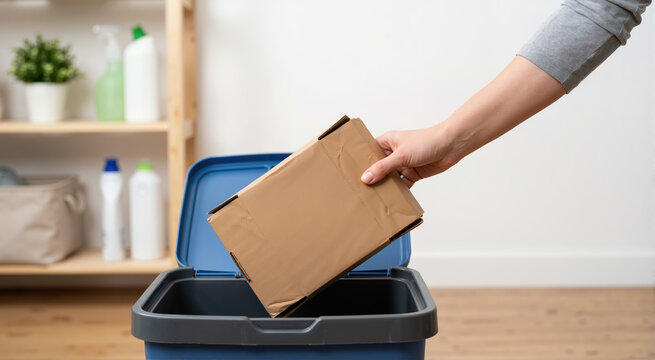Hand throwing a brown cardboard box into a blue recycling bin. Household waste sorting and eco friendly lifestyle concept