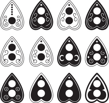 Collection of black and white Ouija board planchette icons, isolated on transparent background for easy use.