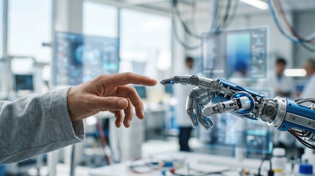 Robotics engineer interacting with AI robotic arm in lab