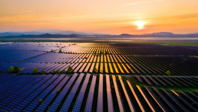 Solar Field at Dawn: An expansive solar panel array glistens under the soft hues of dawn, harnessing the sun's energy for a sustainable future.