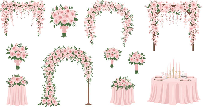 Hand drawn vector set of elegant pink floral wedding arches, bouquets, and ceremony table decorations for spring events.