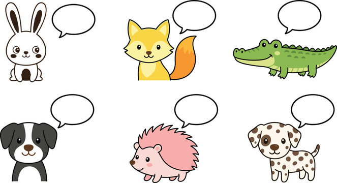 Vector illustration of cute cartoon animals with empty speech bubbles representing playful communication and children themes