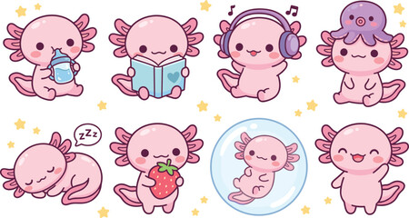 Vector illustration of cute cartoon axolotl characters in playful poses representing kawaii animal and lifestyle themes © Sheikh
