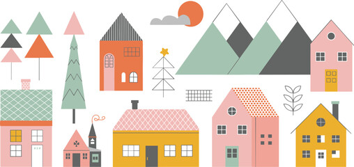 Set of flat vector illustrations featuring cute Scandinavian style houses, stylized pine trees, and mountains in a soft pastel color palette isolated on a white background. © Hosneara