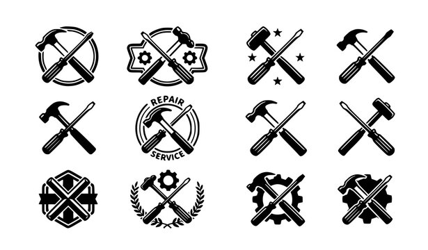 Black and white crossed hammer and screwdriver icon set repair tools vector illustration
