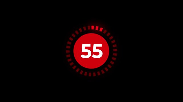 Red circular timer with 60 seconds countdown graphic element for sports gaming or event countdowns isolated on black background