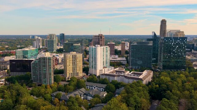 Atlanta Buckhead cityscape with tall corporate and residential skyscraper buildings and urban traffic. Modern American city uptown