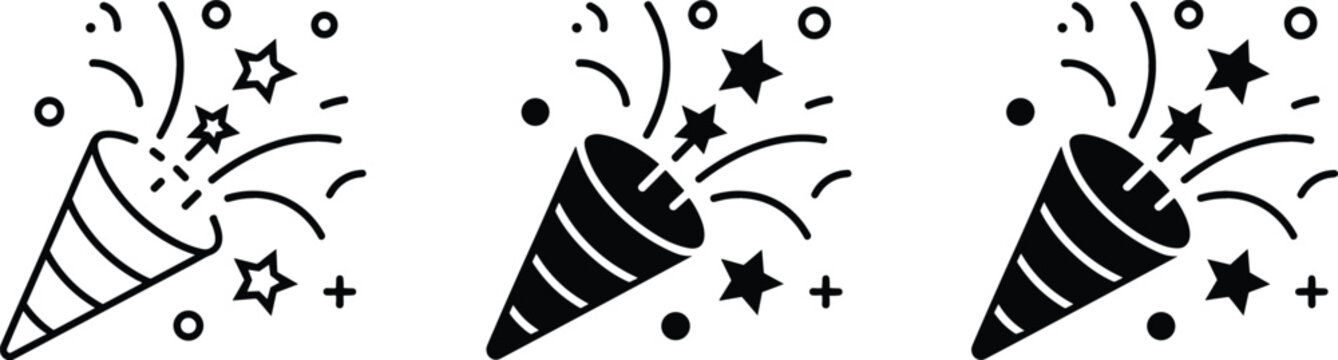 Set of three black party popper icons in different line weights with exploding confetti and stars isolated on a white background for celebration event and holiday design.
