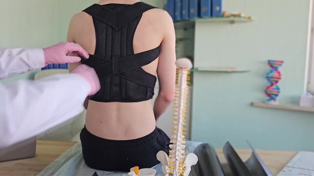 Doctor adjusts spinal support on patient in clinic setting during treatment