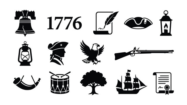 Historical American Revolution Symbols Collection Featuring Iconic Black And White Illustrations