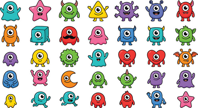 Large collection of cute cartoon monster stickers with one eye and various funny shapes in bright colors isolated on white background for kids design projects.