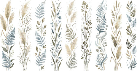 Set of elegant watercolor autumn botanical illustrations featuring pampas grass dried flowers and fern leaves in soft neutral tones isolated on white background for wedding stationery. © Hosneara