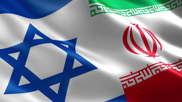 israel iran waving flags background middle east conflict concept