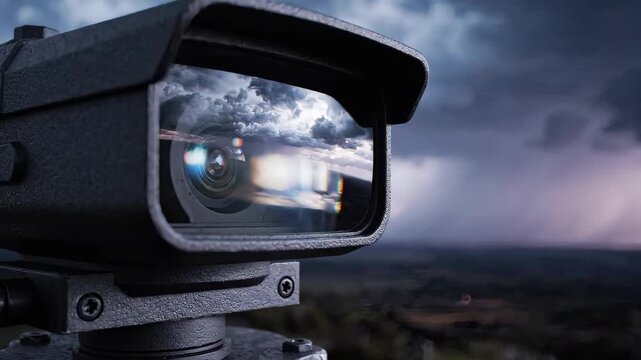 Security camera points skyward. Storm clouds gather ominously. Landscape stretches beneath the camera. Dark, brooding atmosphere prevails. Weather conditions appear severe and foreboding.
