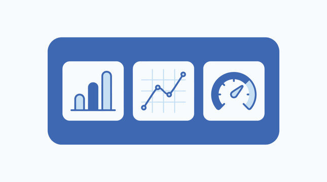 Set of business analytics icons including bar chart, line graph and speedometer gauge